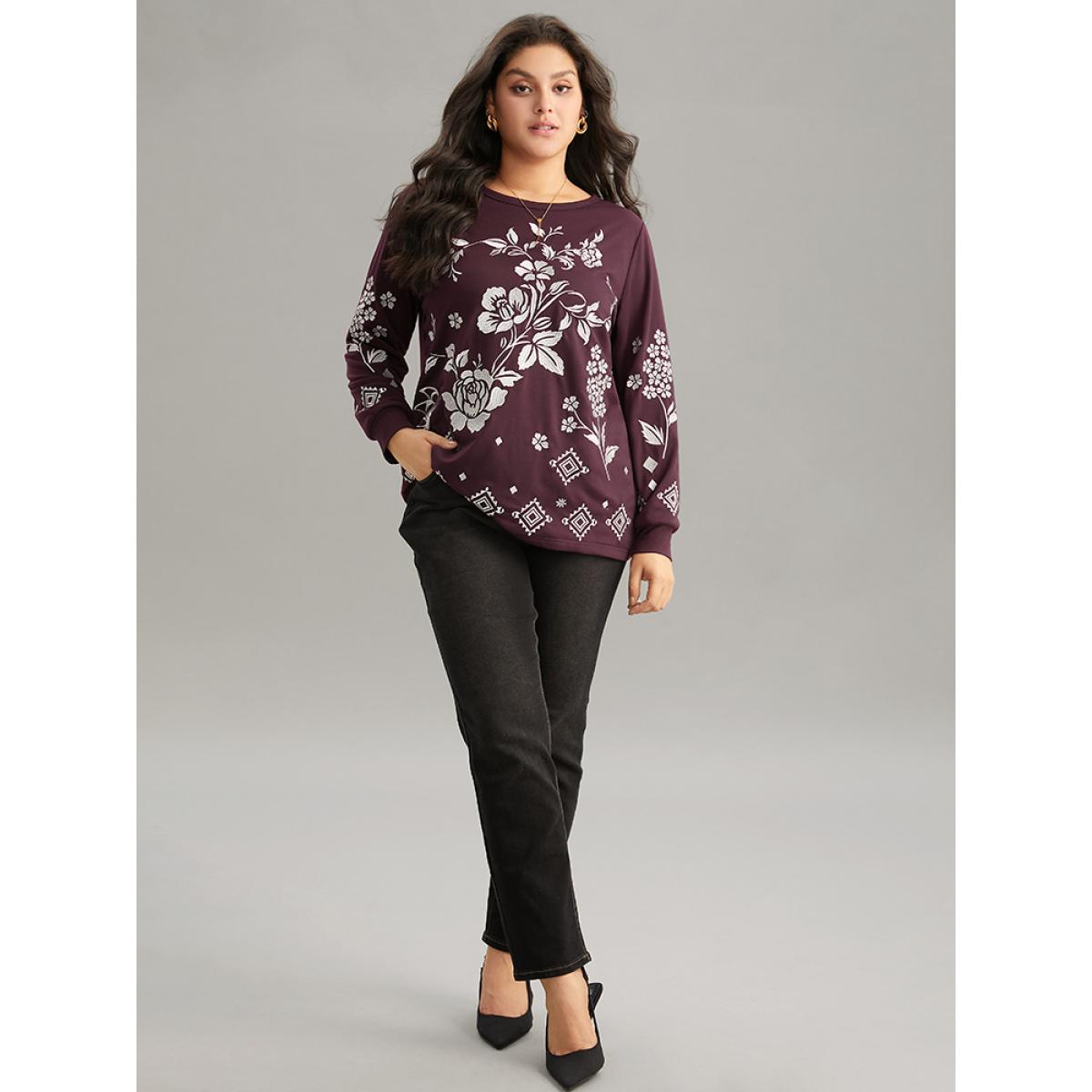 Plus Size Boho & Floral Textured Embroidery Round Neck Sweatshirt Women Maroon Elegant Embroidered Round Neck Dailywear Sweatshirts BloomChic 14-16/1X Product Image