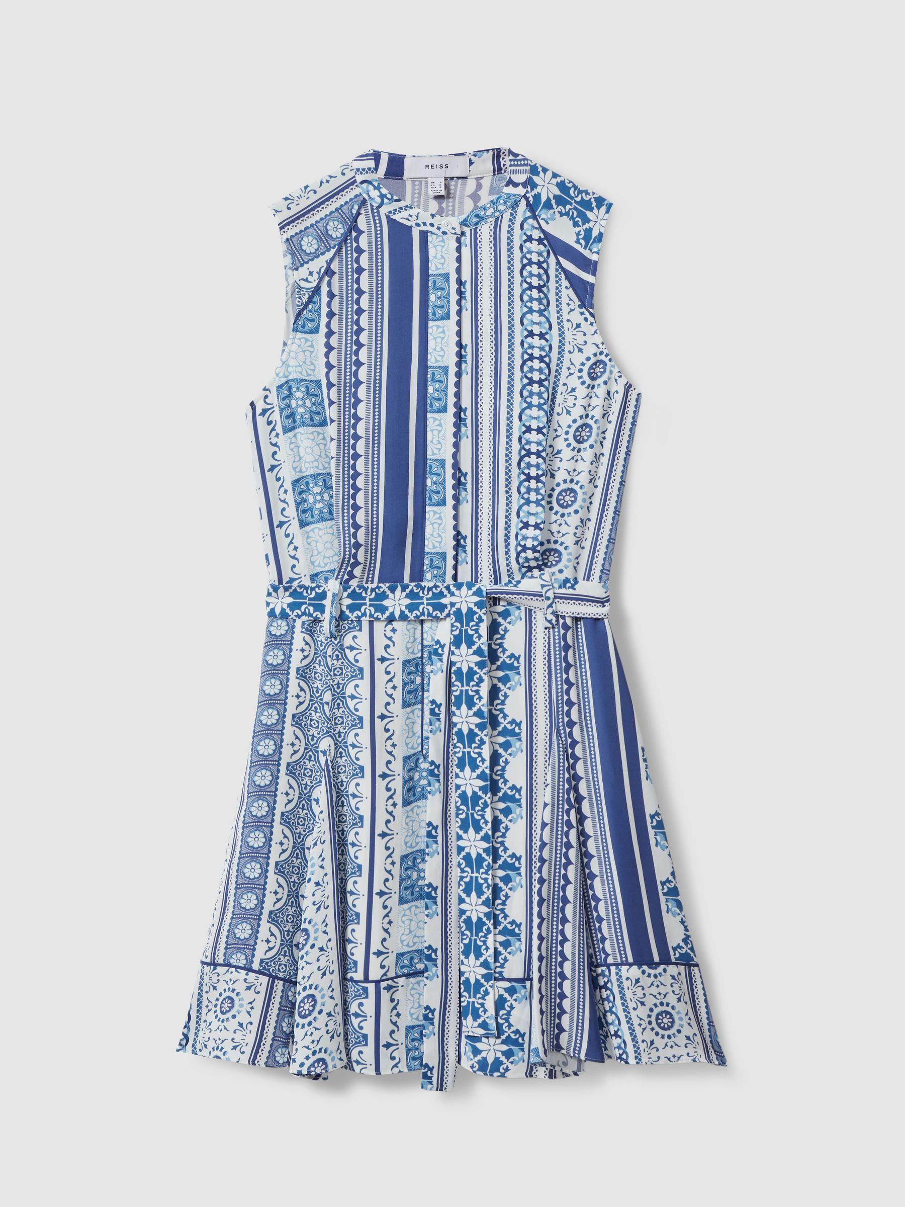 Tile Print Belted Mini Dress in Blue Product Image