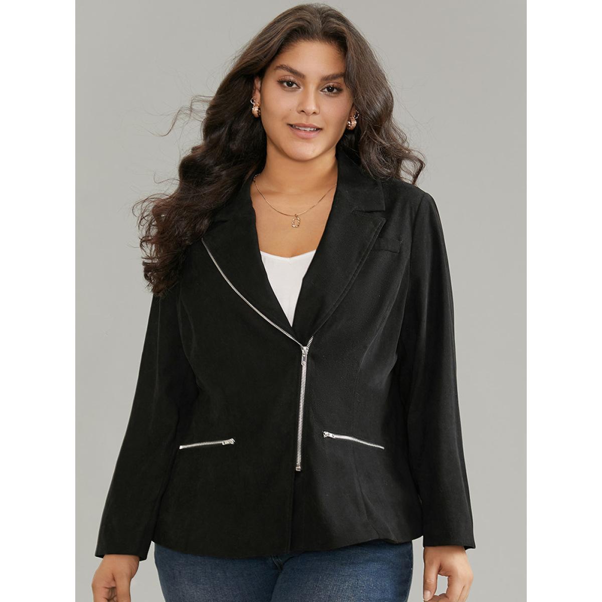 Plus Size Solid Corduroy Zipper Lapel Collar Blazer Black Women Office Plain Lined Sleeve Long Sleeve Lapel Collar 26/4X Pocket At the Office Blazers BloomChic Product Image