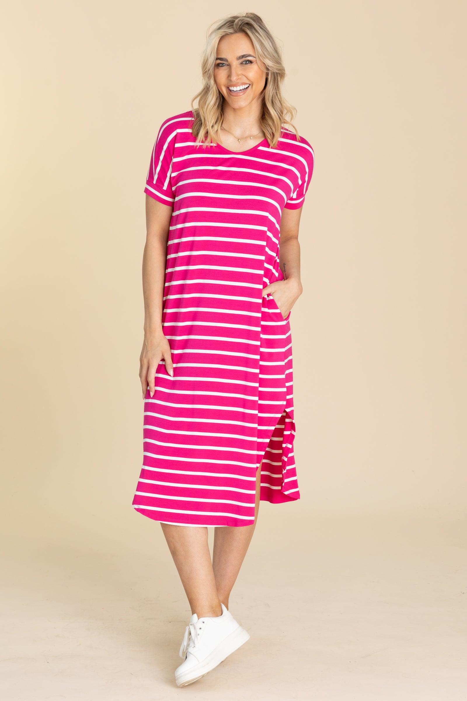 Striped Curved Hem Midi Dress With Pockets Product Image