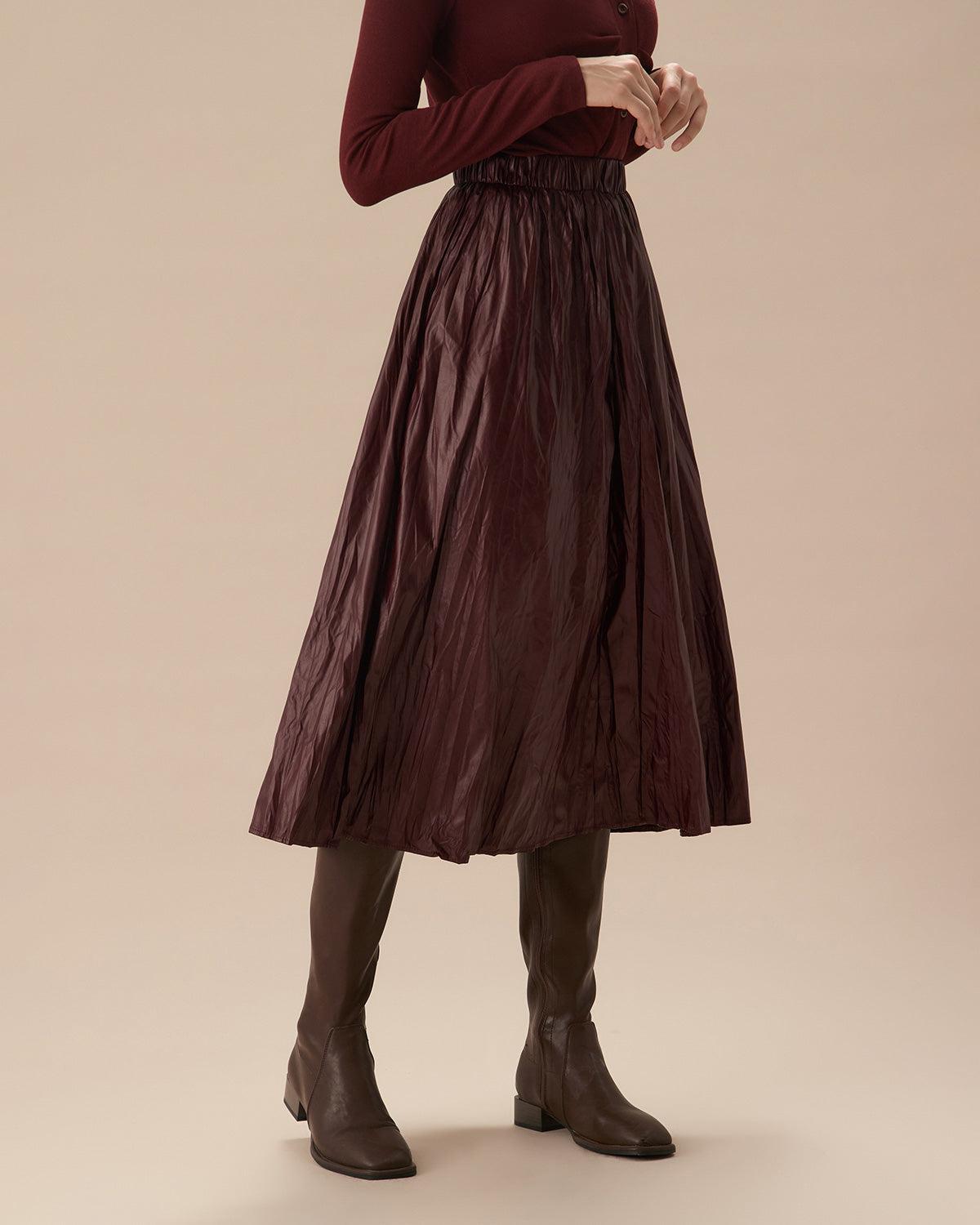 Wine Red Elastic Waist Ruched Midi Skirt Product Image