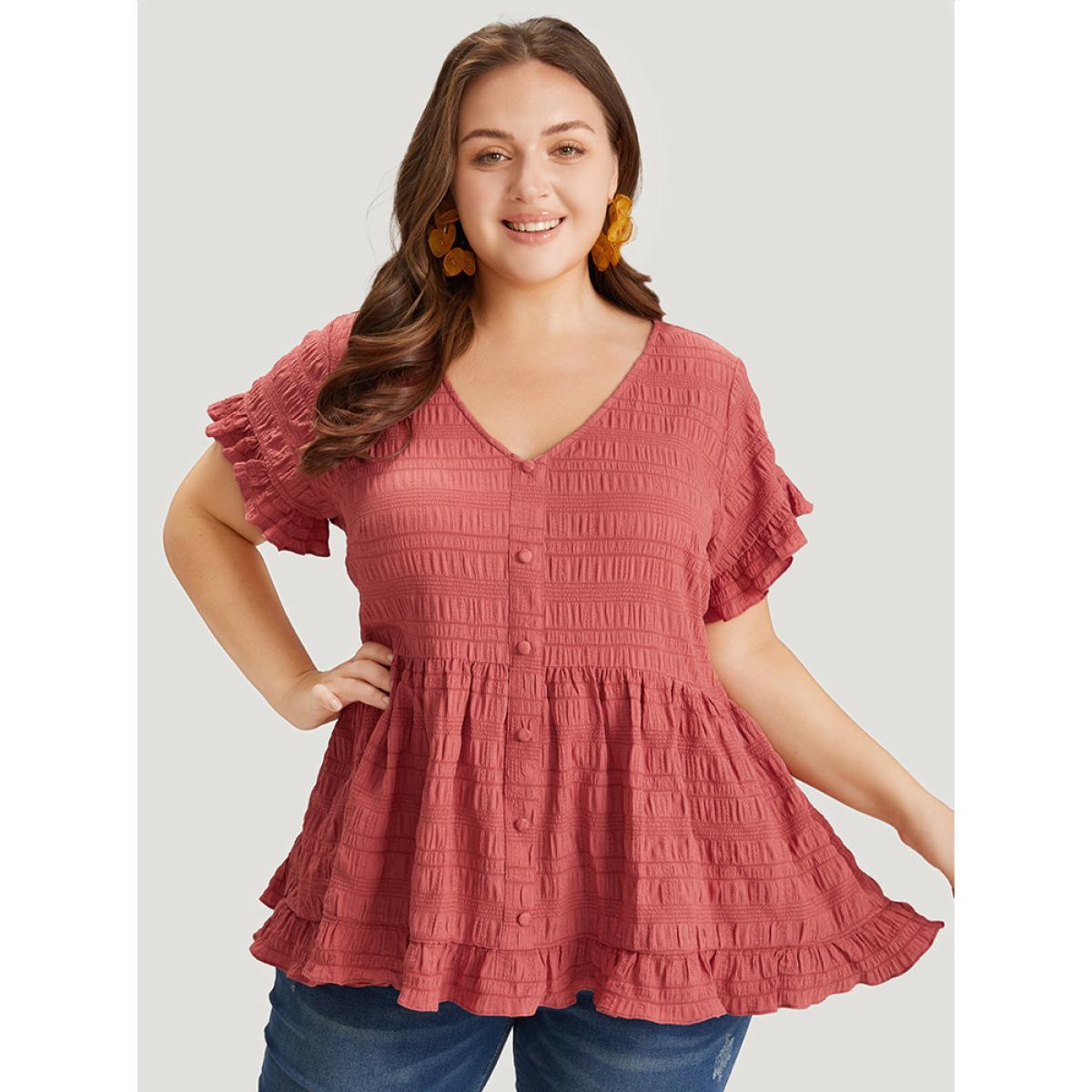 Plus Size Coral Plain Textured Button Detail Ruffle Sleeve Blouse Women Elegant Short sleeve V-neck Dailywear Blouses BloomChic 18-20/2X Product Image