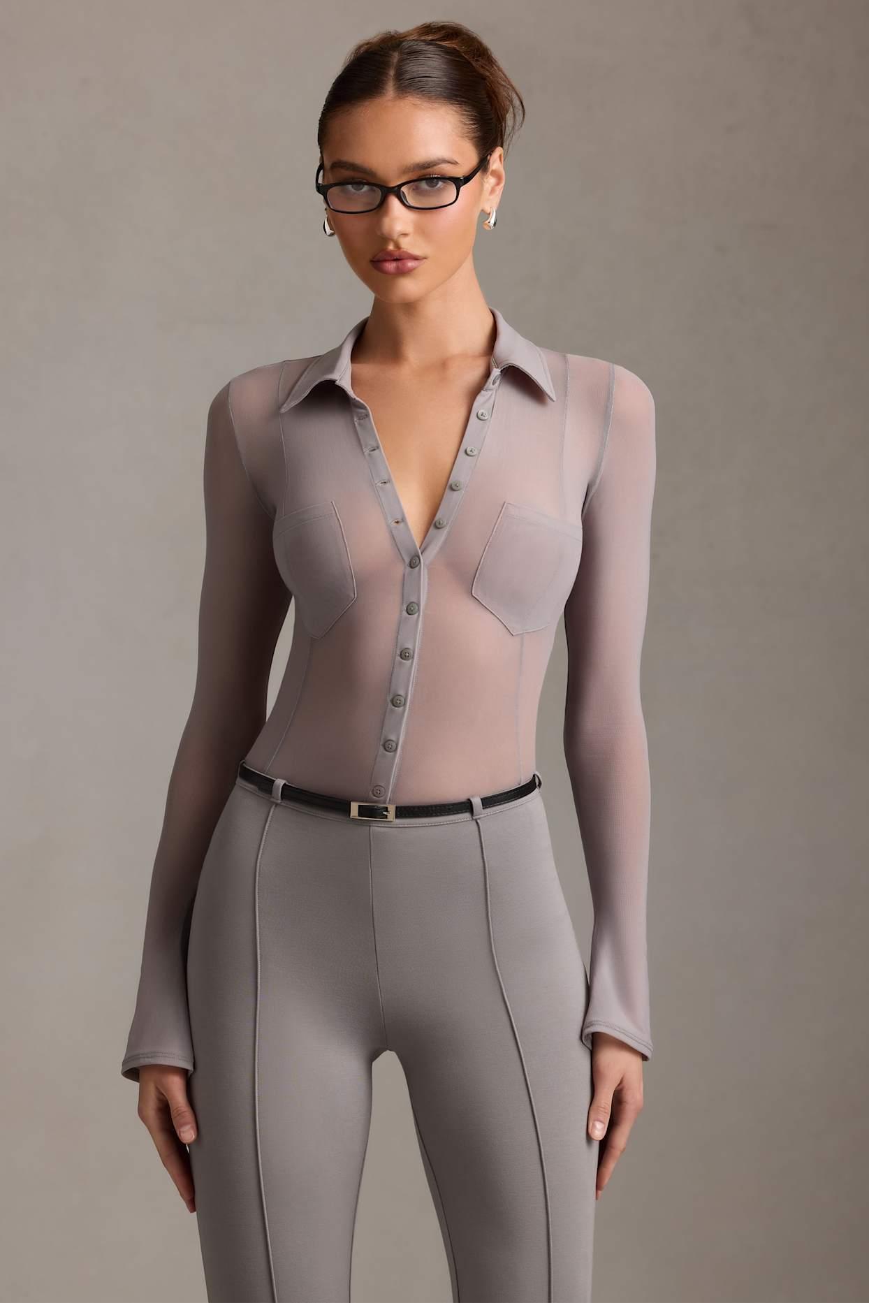 Sheer Long-Sleeve Shirt in Grey Female Product Image