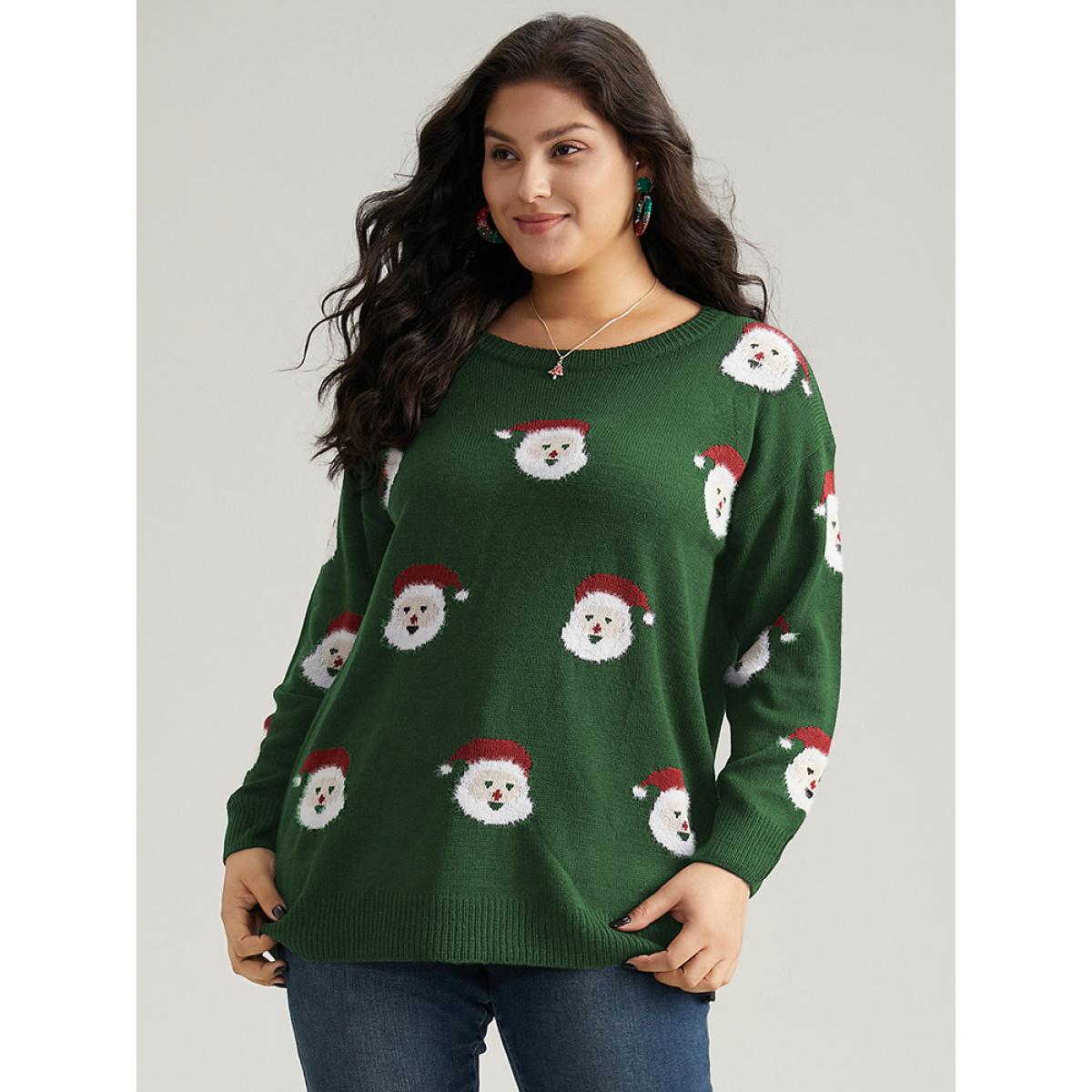 Plus Size Jolly Fellow Motifs Round Neck Pullover DarkGreen Women Casual Long Sleeve Round Neck Festival-Christmas Pullovers BloomChic 26/4X Product Image