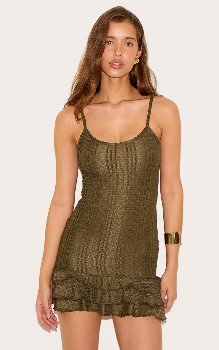Olive Textured Strappy Frill Hem Bodycon Dress Product Image