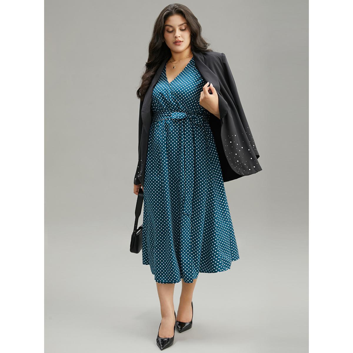 Plus Size Polka Dot Belted Lantern Sleeve Surplice Neck Dress Aegean Women Office Elastic cuffs V-neck Short sleeve Curvy Midi Dress BloomChic 14-16/1X Product Image