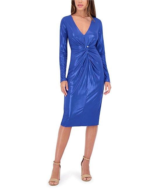 SIENA Foiled Knit V-Neck Long Sleeve Front Twist Sheath Dress Product Image