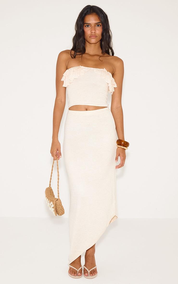 Oatmeal Fine Knit Bandeau Frill Top Product Image