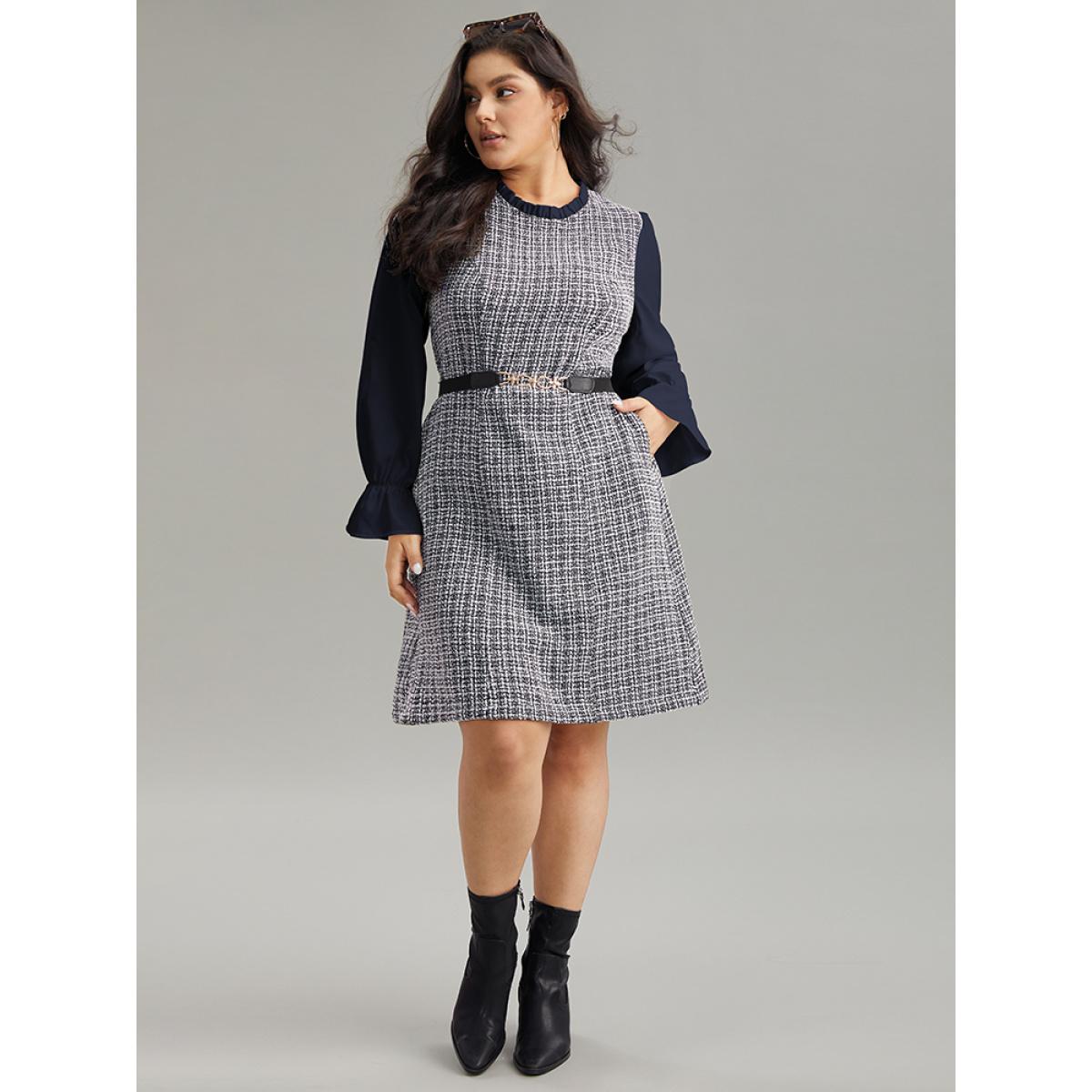 Plus Size Plaid Patchwork Ruffle Trim Knee Dress DarkBlue Women Office Texture Mock Neck Long Sleeve Curvy Knee Dress BloomChic 10/M Product Image