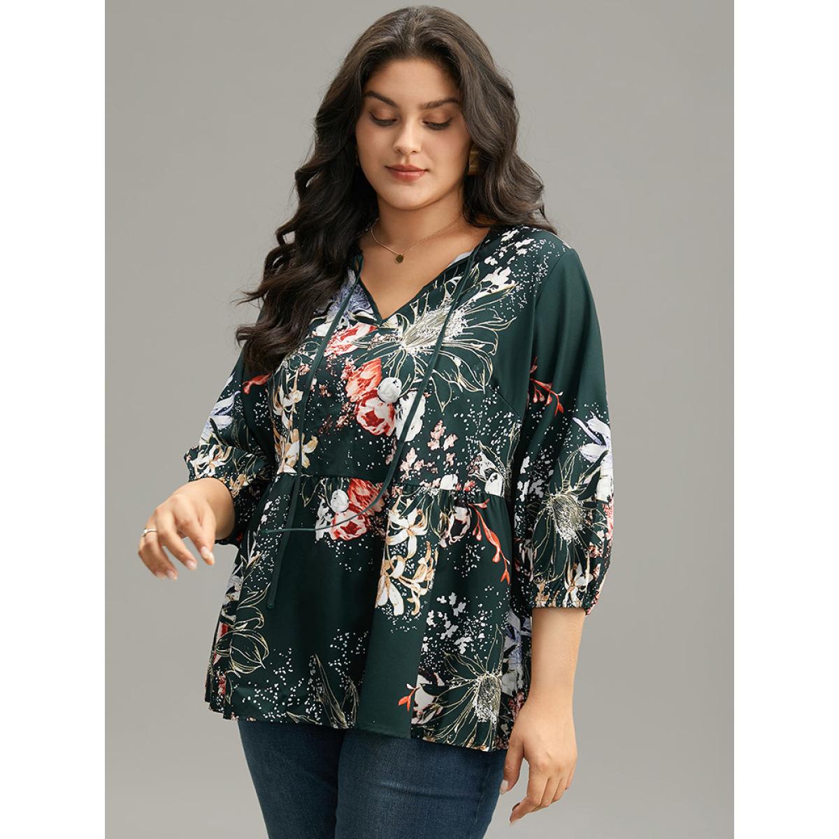 Plus Size DarkGreen Floral Print Knot Neck Pompom Trim Gathered Blouse Women Elegant Elbow-length sleeve Tie Neck Everyday Blouses BloomChic 12/L Product Image