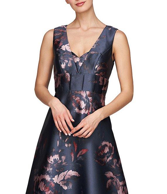 Kay Unger Floral Mikado V-Neck Sleeveless Pin Tuck Side Pocket Gown Product Image