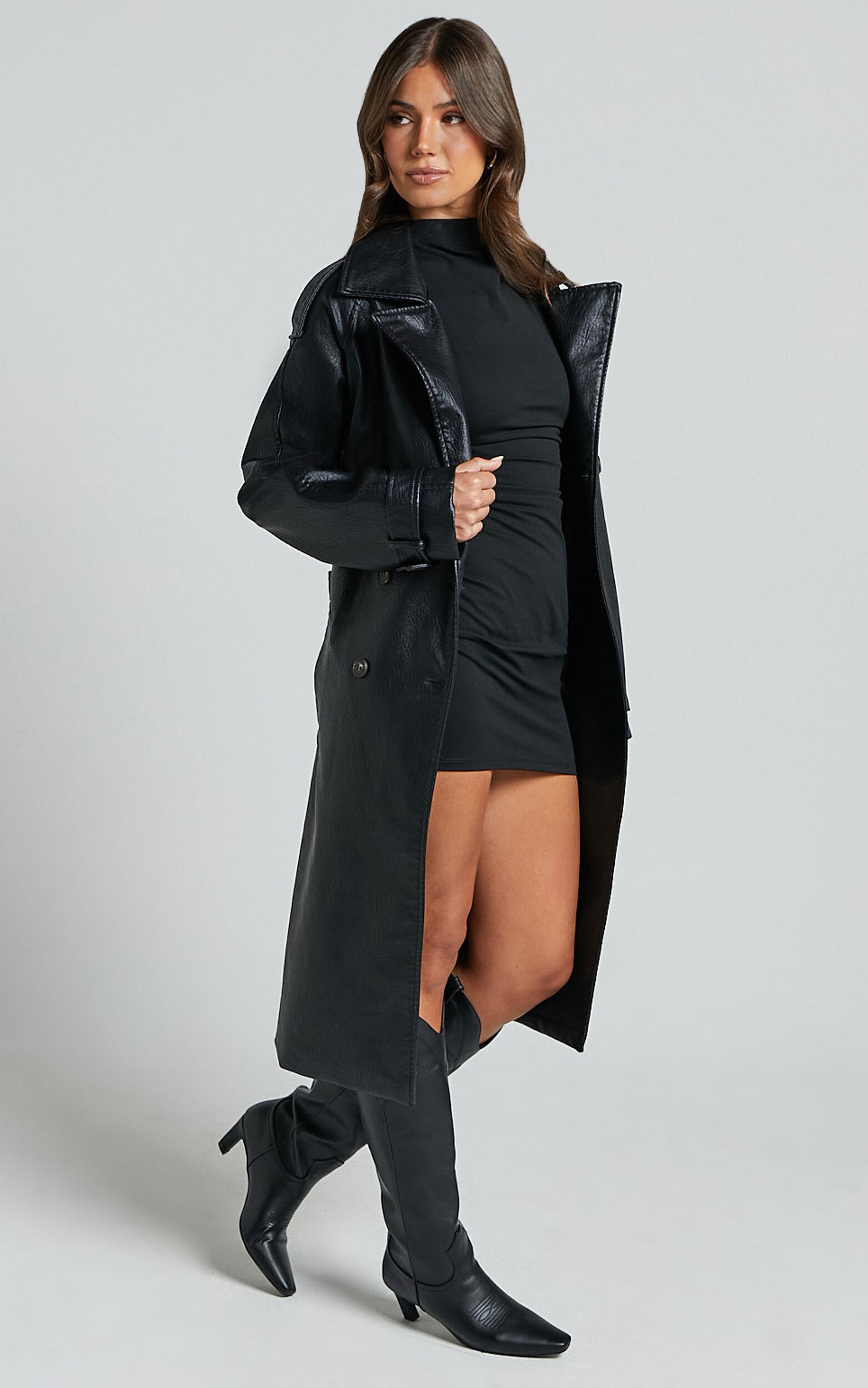 Vicki Trench Coat - Faux Leather Washed Trench Coat in Black Product Image