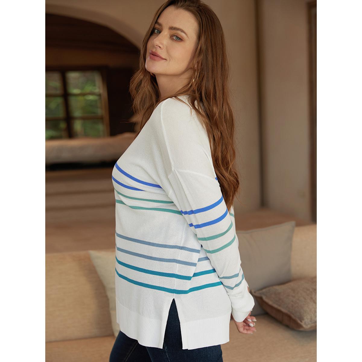 Plus Size Striped V Neck Split Hem Pullover White Women Casual Loose Long Sleeve V-neck Everyday Pullovers BloomChic 22-24/3X Product Image
