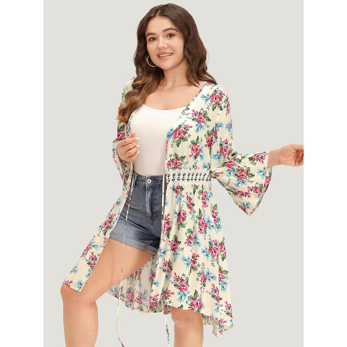 Plus Size Floral Print Open Front Knot Guipure Lace Ruffles Kimono Women Beige Vacation Printed Dailywear Kimonos BloomChic 10/M Product Image