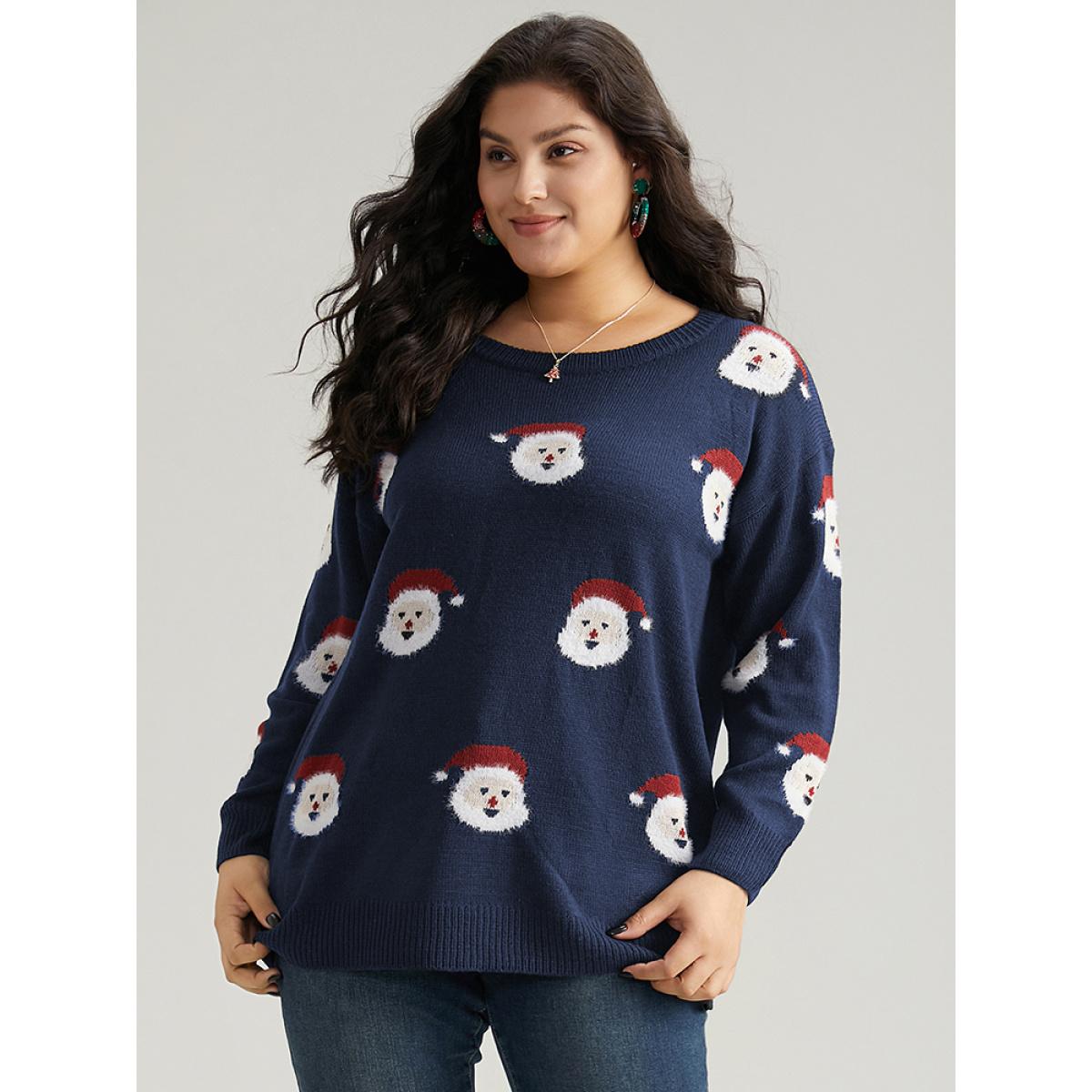 Plus Size Jolly Fellow Motifs Round Neck Pullover Midnight Women Casual Long Sleeve Round Neck Festival-Christmas Pullovers BloomChic 22-24/3X Product Image