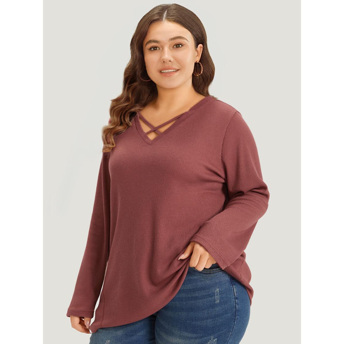 Plus Size Waffle Knit Crisscross Neck Long Sleeve T-shirt DustyPink Women Casual Texture Plain V-neck Dailywear T-shirts BloomChic 30/6X Product Image