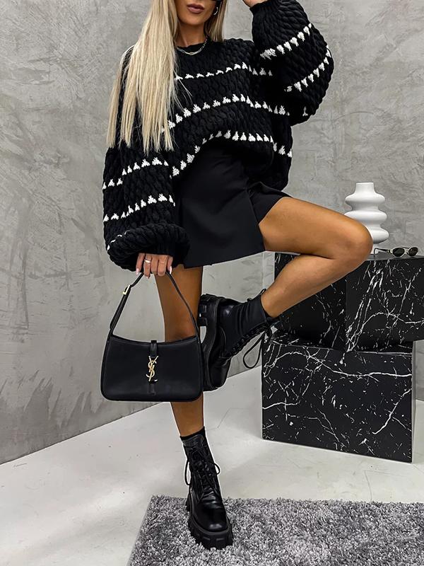 Loose Puff Sleeves Split-Joint Round-Neck Sweater Tops Product Image