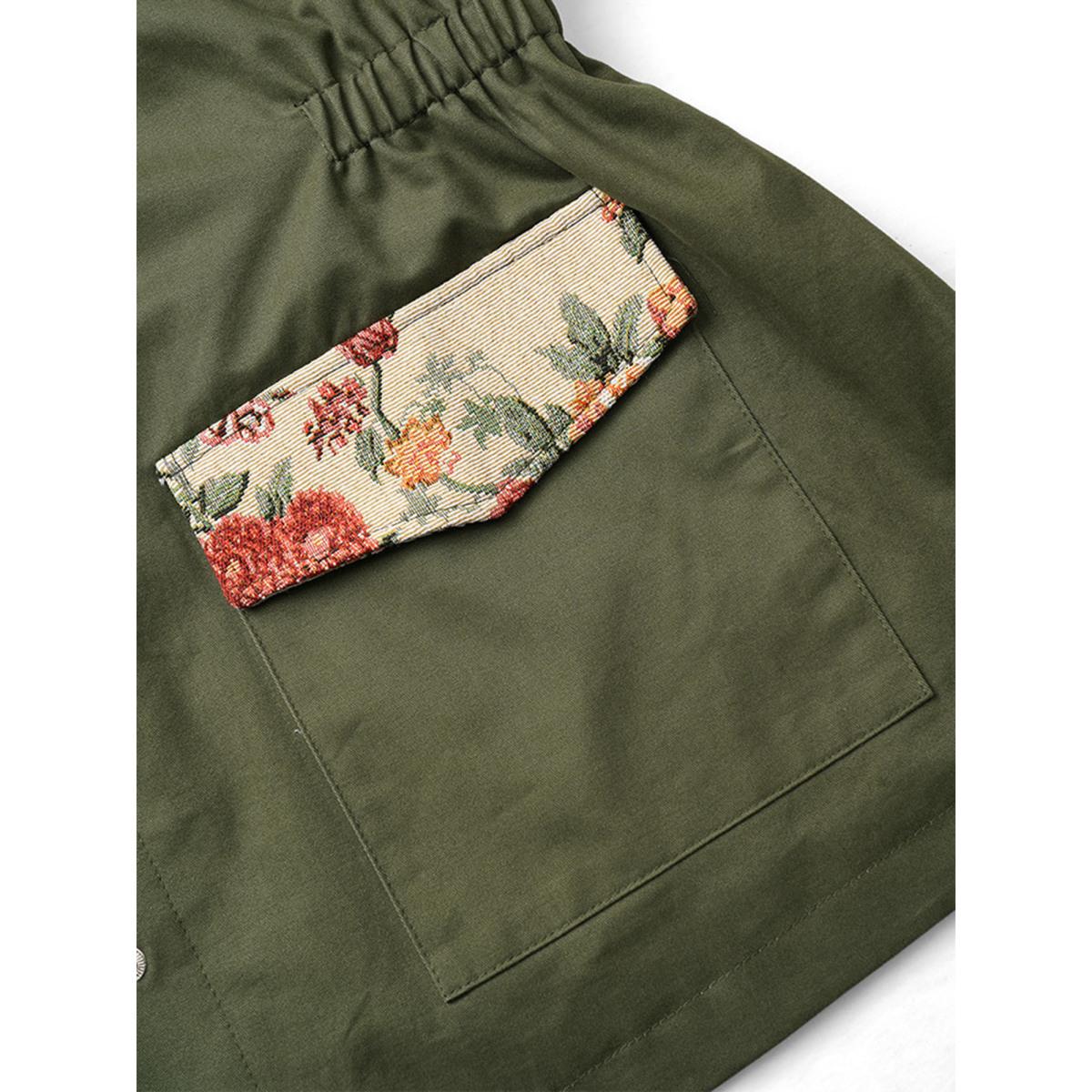 Plus Size Jacquard Patchwork Elastic Waist Flap Pocket Jacket Women ArmyGreen Lined Pocket Dailywear Jackets BloomChic 18-20/2X Product Image