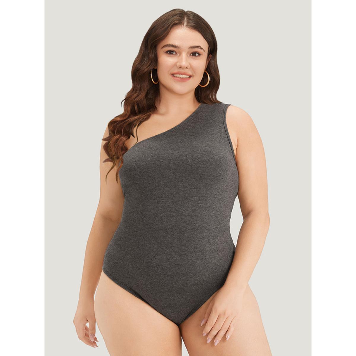 Plus Size Plain One Shoulder Slightly Stretchy Bodysuit Women DimGray Plain Plain Bodysuits BloomChic 22-24/3X Product Image