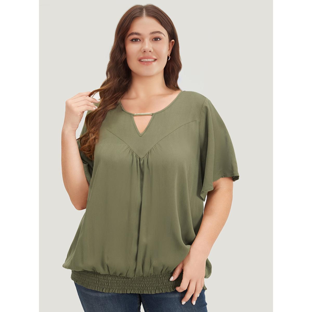 Plus Size ArmyGreen Solid Shirred Keyhole Gathered Ruffle Sleeve Blouse Women Office Half Sleeve V-neck Work Blouses BloomChic 22-24/3X Product Image
