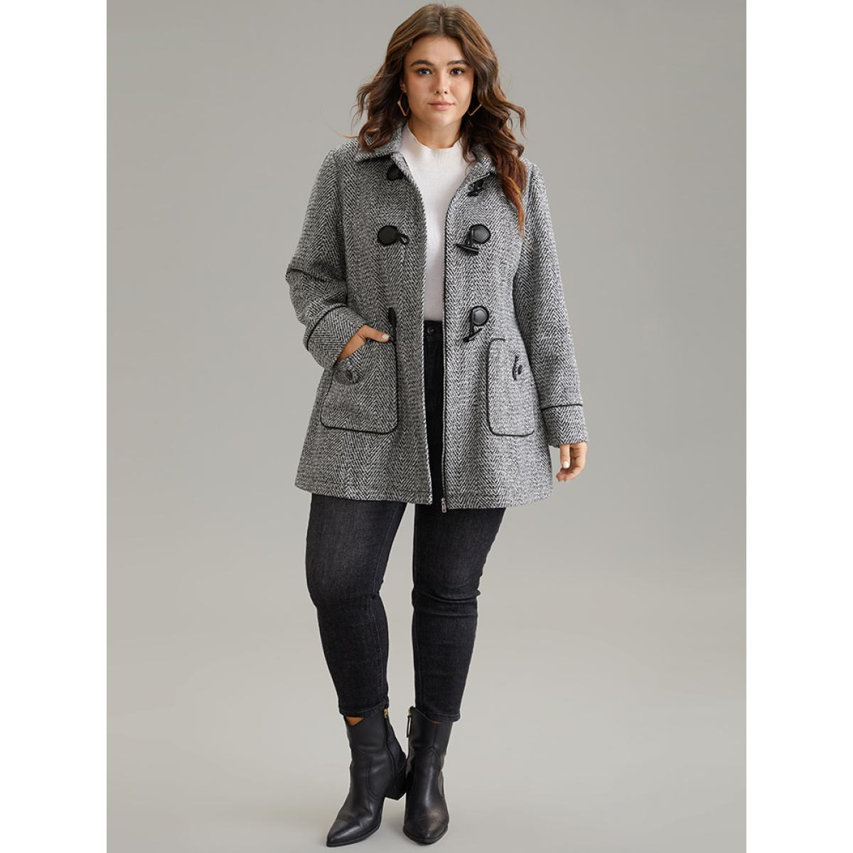 Plus Size Duffle Button Zipper Pocket Tweed Coat Women DimGray Casual Texture Ladies Dailywear Winter Coats BloomChic 18-20/2X Product Image