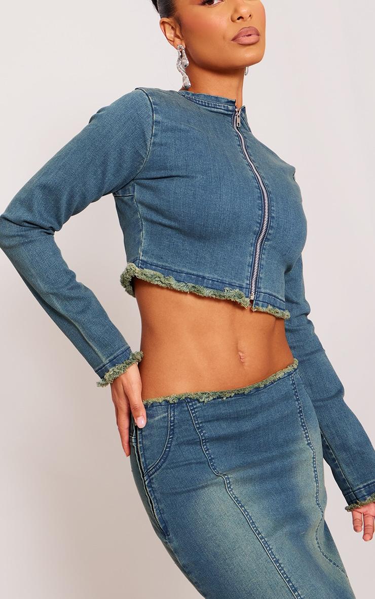 Indigo Blue Wash Raw Hem Long Sleeve Denim Top Product Image
