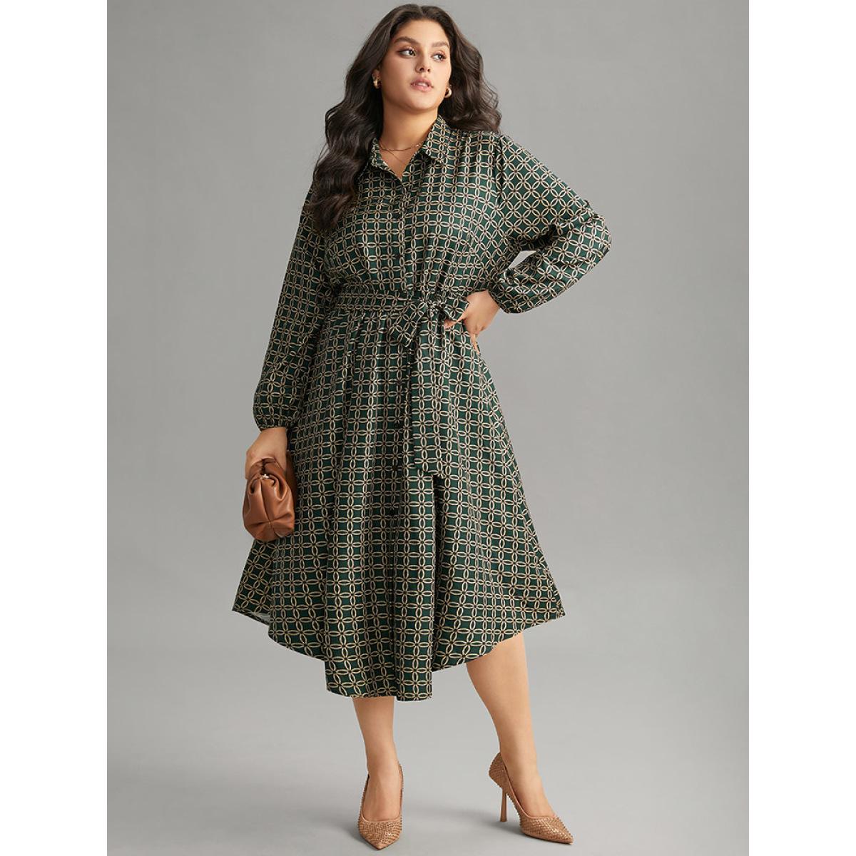 Plus Size Geometric Belted Curved Hem Lantern Sleeve Dress Cyan Women Office Elastic cuffs Shirt collar Long Sleeve Curvy Midi Dress BloomChic 14-16/1X Product Image