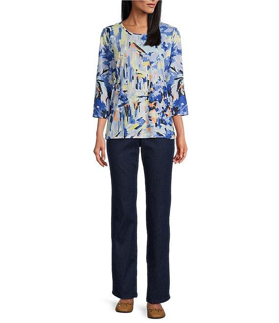 Allison Daley Embellished Tropical Villa Print 3/4 Sleeve Crew Neck Knit Top Product Image
