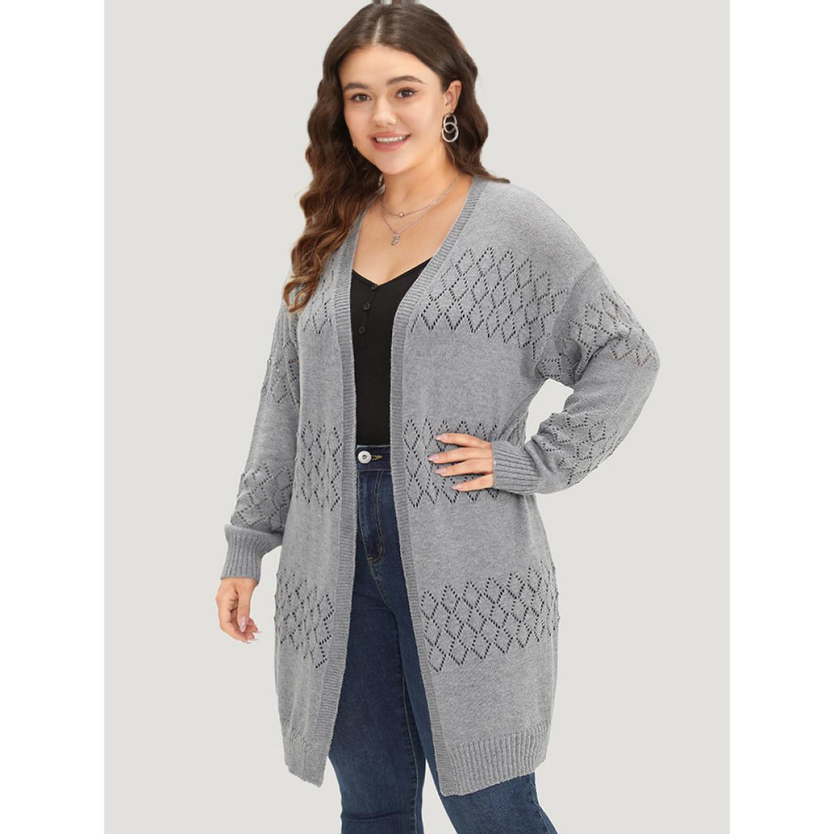 Plus Size Geometric Eyelet Elastic Cuffs Tunic Cardigan DarkGray Women Casual Loose Long Sleeve Dailywear Cardigans BloomChic 26/4X Product Image