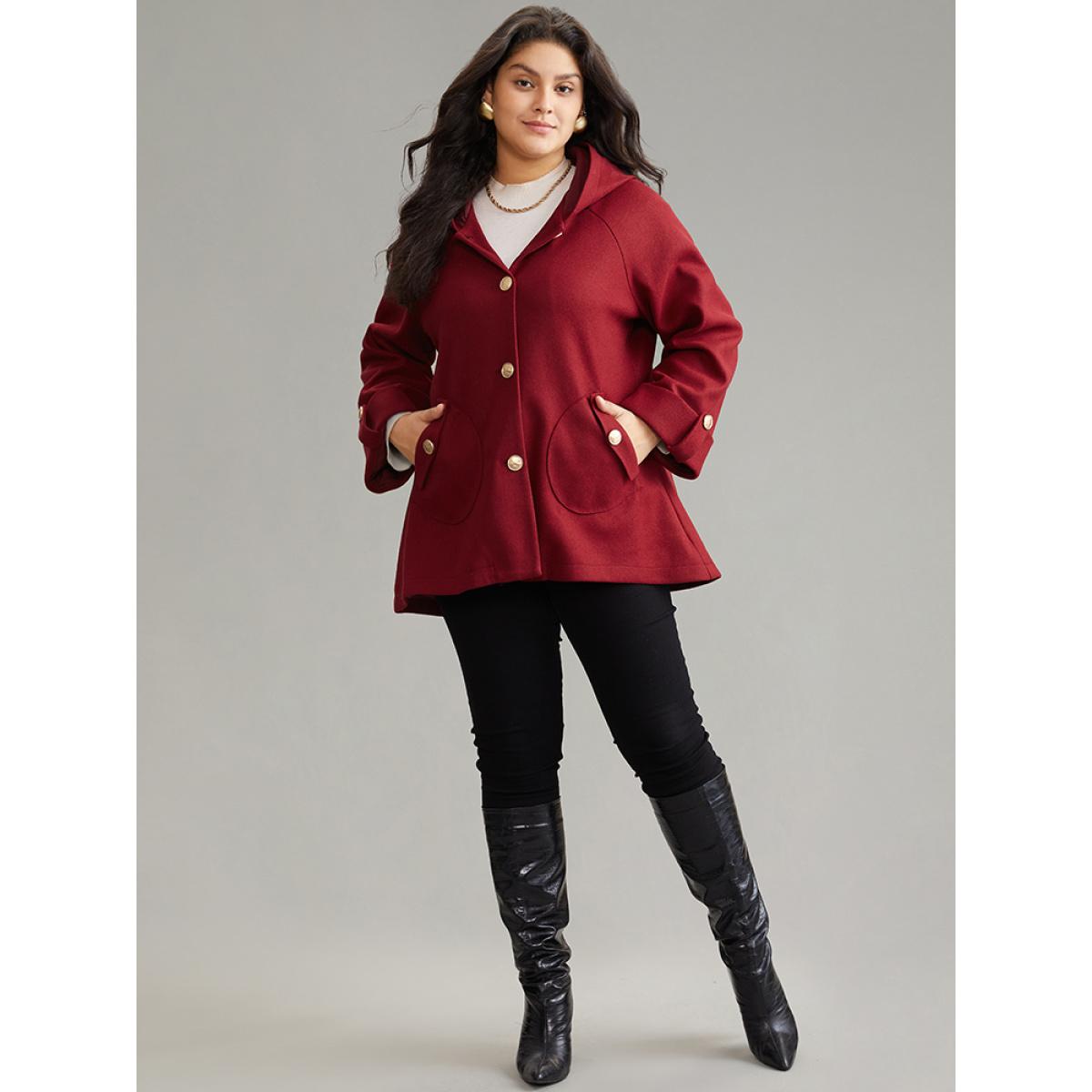 Plus Size Plain Pocket Tab Sleeve Button Detail Woven Coat Women Scarlet Casual Lined Ladies Dailywear Winter Coats BloomChic 26/4X Product Image