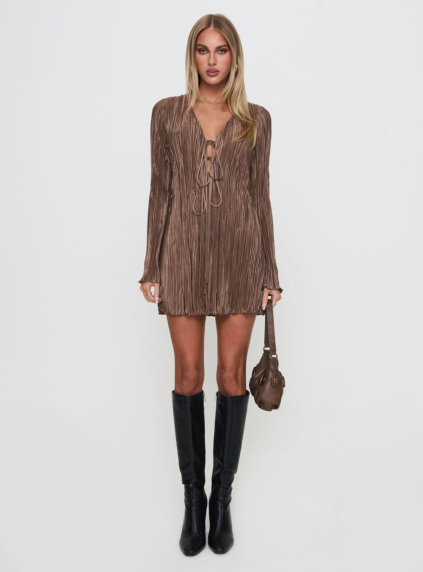 Malop Long Sleeve Mini Dress Chocolate Product Image