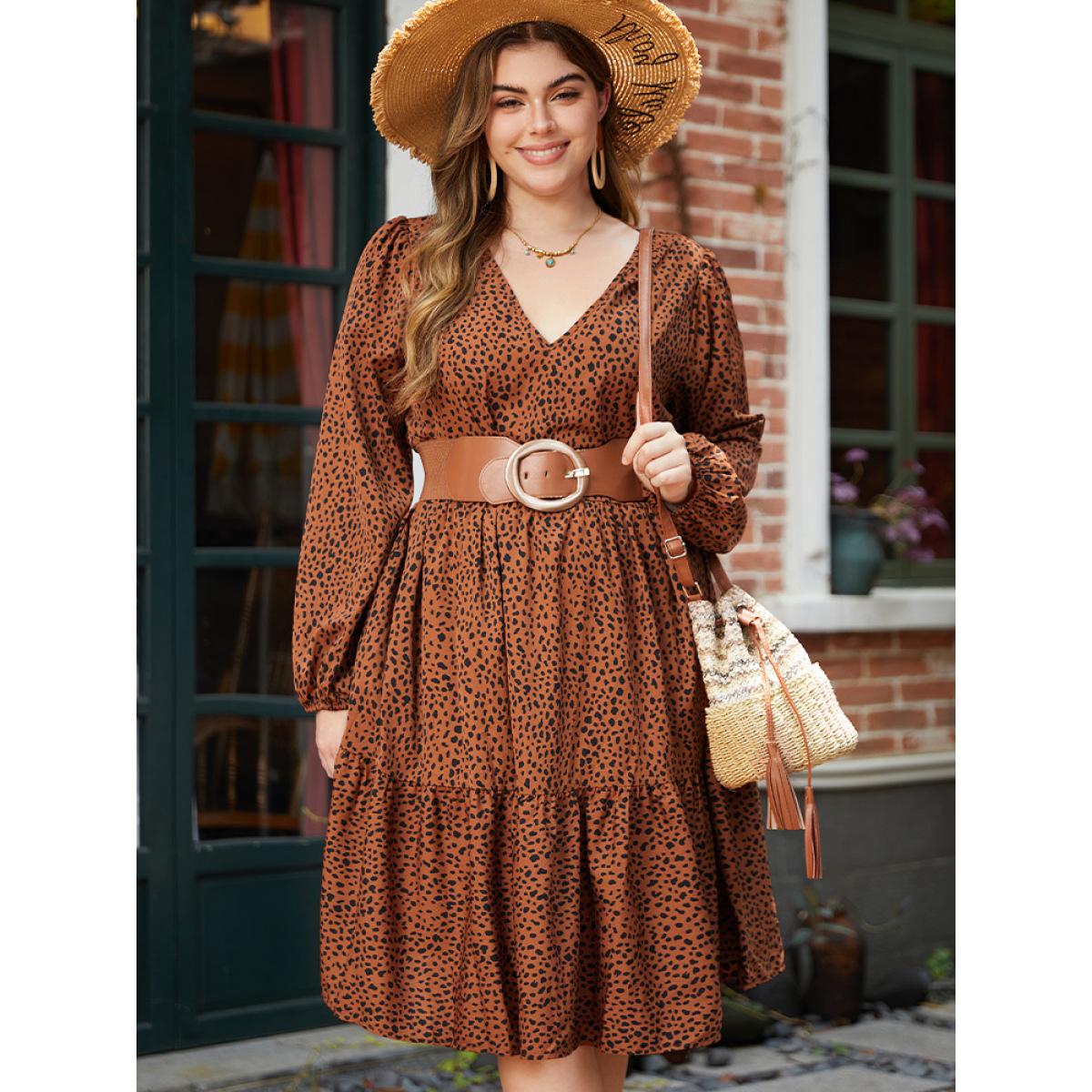 Plus Size Leopard Lantern Sleeve V Neck Pocket Dress Chocolate Women Elegant Elastic cuffs V-neck Long Sleeve Curvy Midi Dress BloomChic 26/4X Product Image