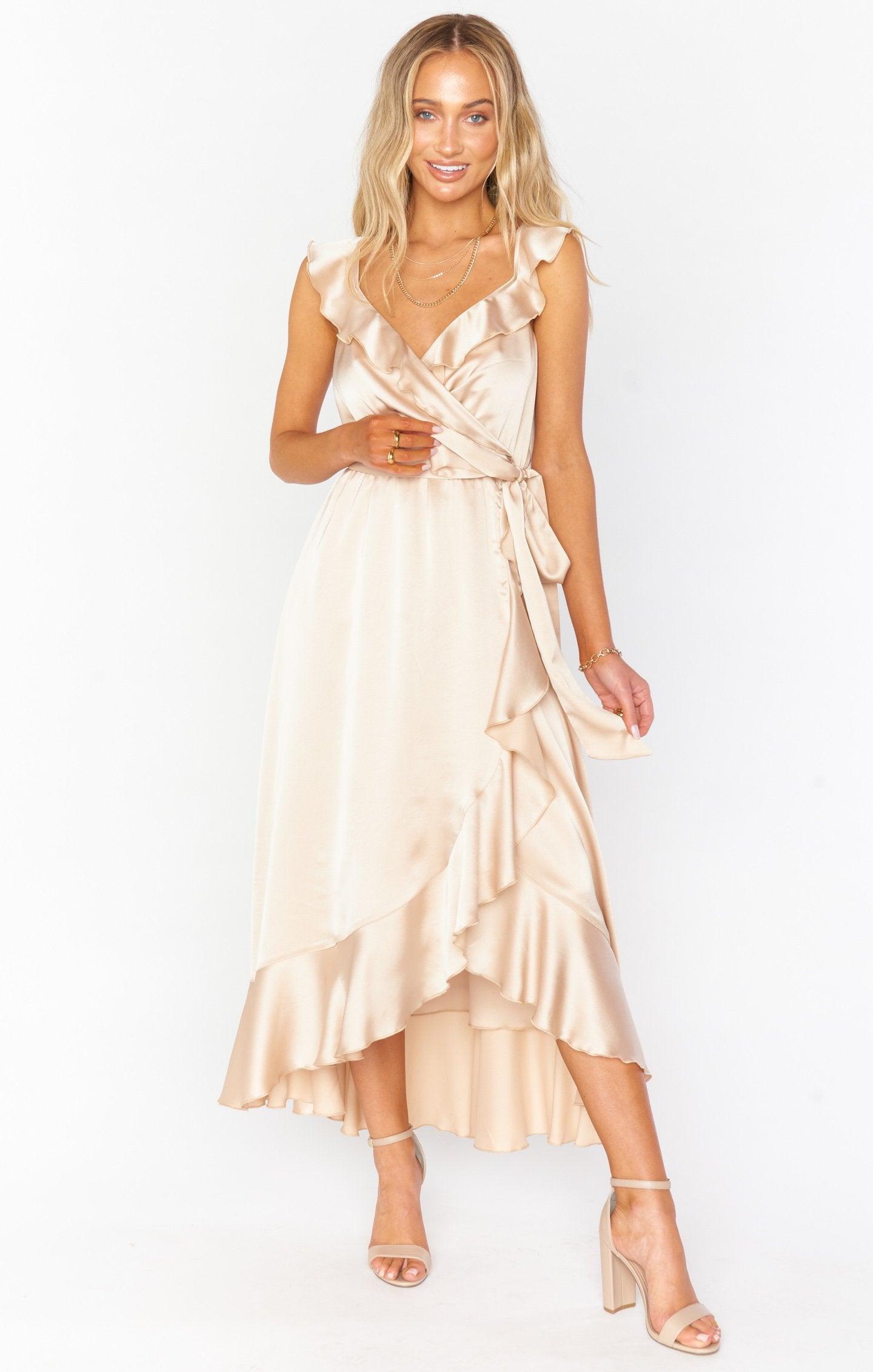 Samantha Ruffle Wrap Dress ~ Champagne Luxe Satin Product Image