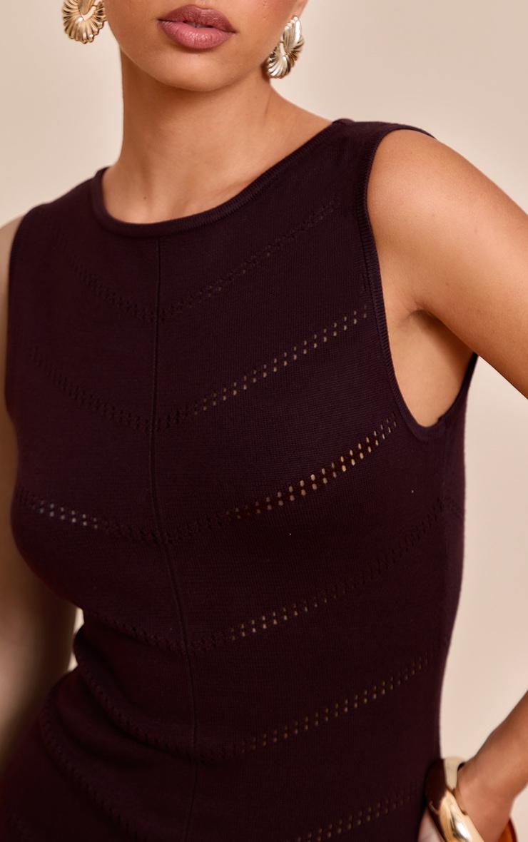 Chocolate Soft Knit Pointelle Detail Boat Neck Mini Dress Product Image