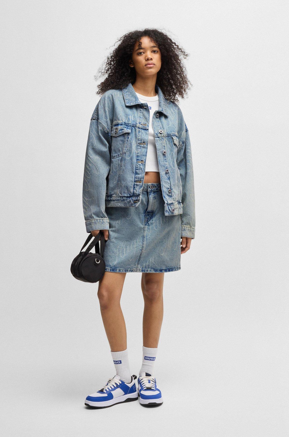 HUGO - Boxy-fit jacket in logo-print rigid denim - Patterned Product Image