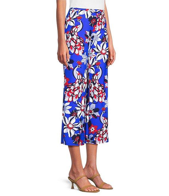 Jude Connally Trixie Twirling Peacock Print Stretch Knit Wide Leg Cropped Coordinating Pull-On Pants Product Image