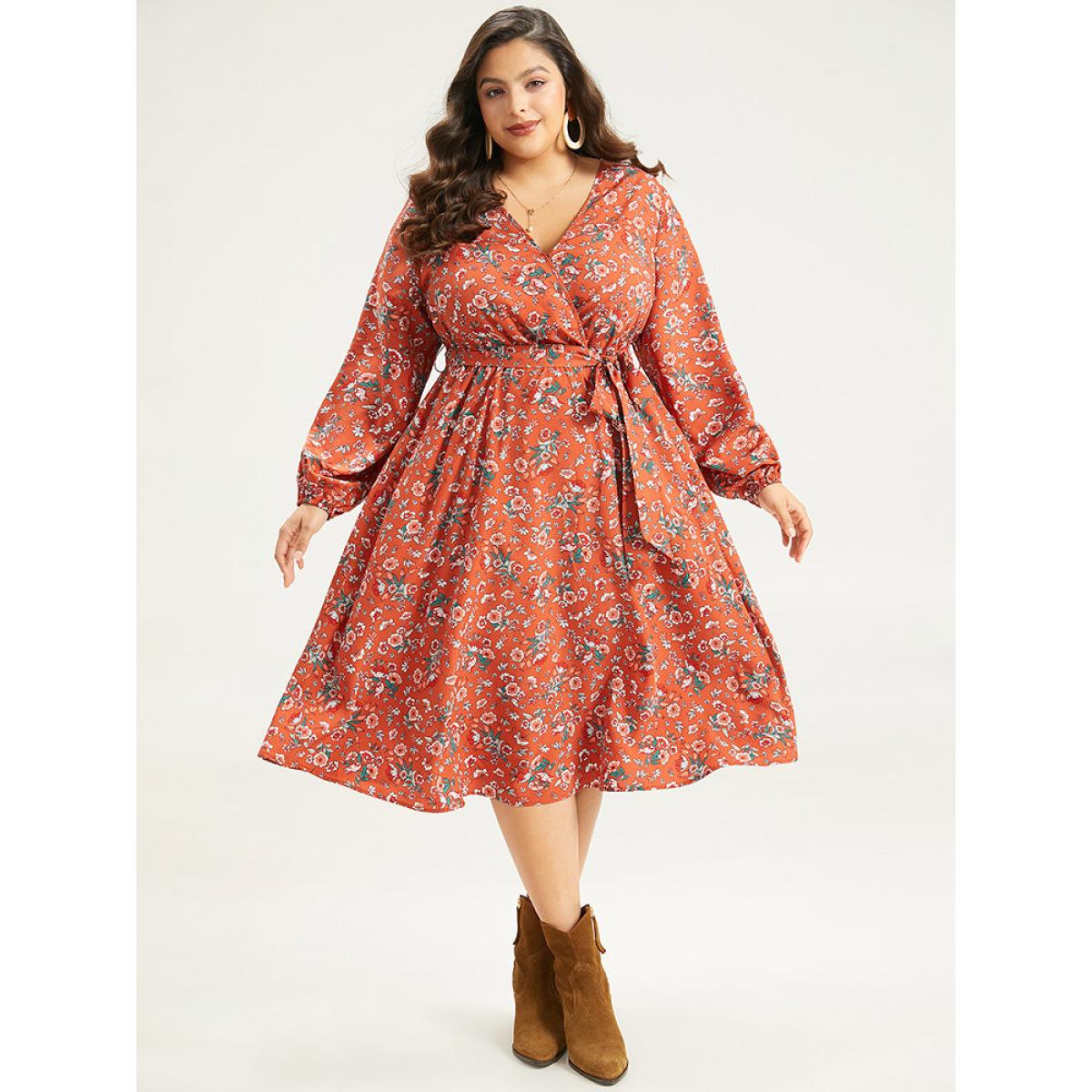 Plus Size Floral Print Belted Elastic Cuffs Dress Rust Women Elegant Elastic cuffs V-neck Long Sleeve Curvy Midi Dress BloomChic 28/5X Product Image
