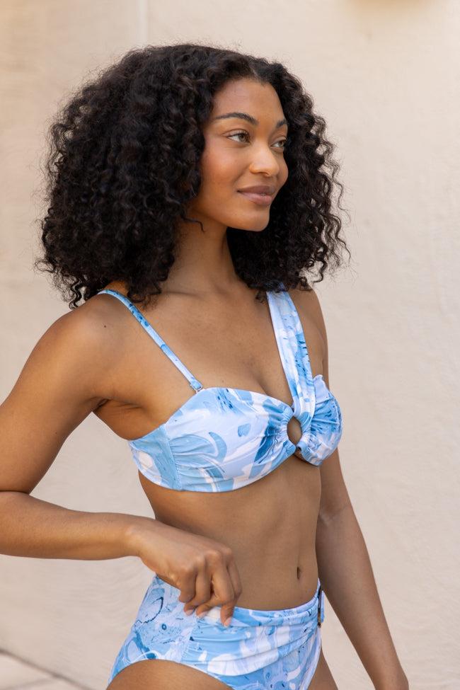On The Water Blue Printed Asymmetrical Bandeau Bikini Top FINAL SALE Product Image
