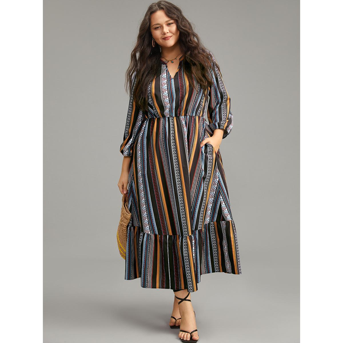 Plus Size Bandana Print Notched Ruffle Layered Hem Dress Black Women Resort Elastic cuffs Notched collar Long Sleeve Curvy Midi Dress BloomChic 26/4X Product Image