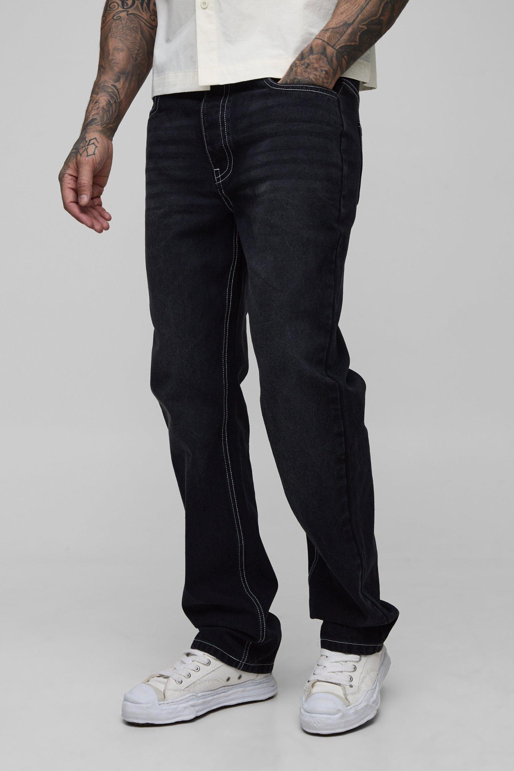 Tall Straight Rigid Contrast Stitch Jeans | boohooMAN USA Product Image