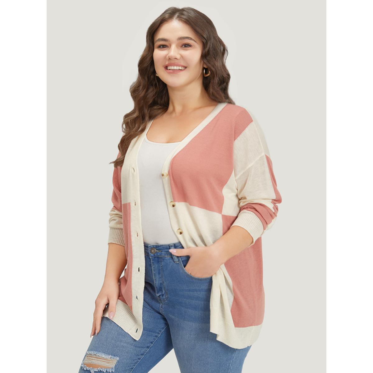 Plus Size Supersoft Essentials Colorblock Two Tone Button Up Cardigan Salmon Women Casual Loose Long Sleeve Everyday Cardigans BloomChic 22-24/3X Product Image