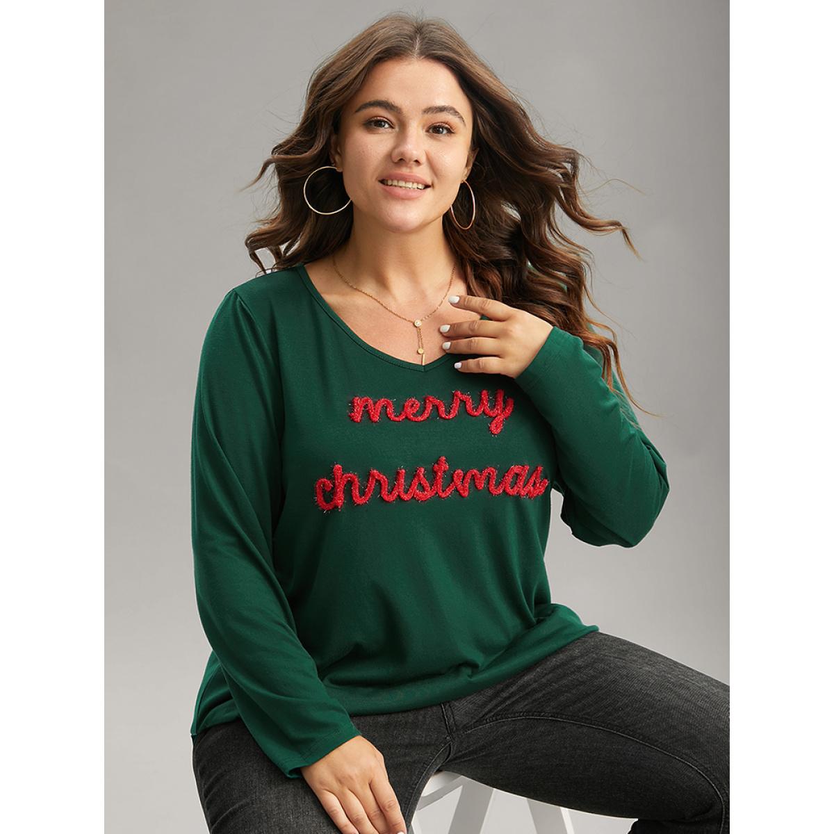 Plus Size Christmas Letter Embroidered Contrast T-shirt DarkGreen Women Casual Contrast Christmas Festival-Christmas T-shirts BloomChic 22-24/3X Product Image