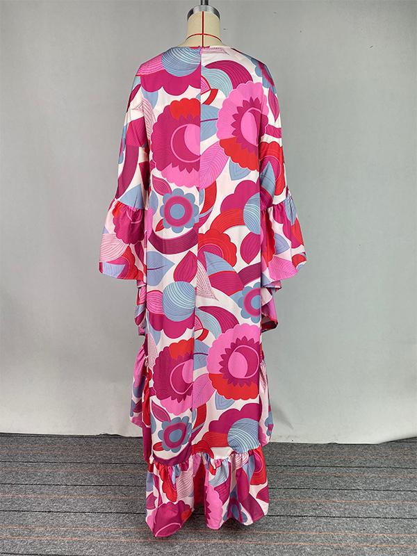 Batwing Sleeves Loose Flower Print Pleated Split-Joint Round-Neck Maxi Dresses Product Image