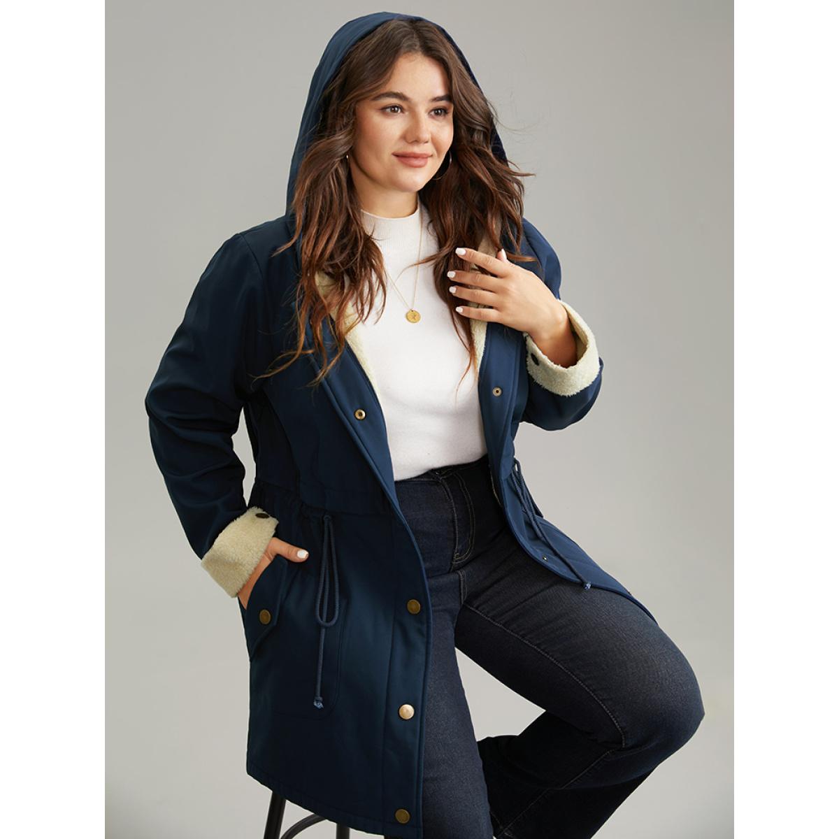 Plus Size Fuzzy Trim Drawstring Button Through Coat Women Indigo Casual Lined Ladies Dailywear Winter Coats BloomChic 10/M Product Image