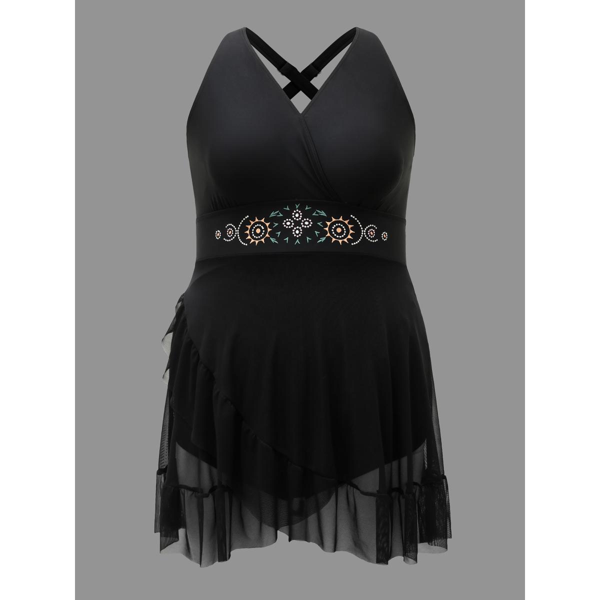 Plus Size Embroidered Ruffle Hem One-Piece Swimsuit Women's Swimwear Black Beach Bodycon Overlap Collar High stretch Curve Swim Dresses BloomChic 12/L Product Image