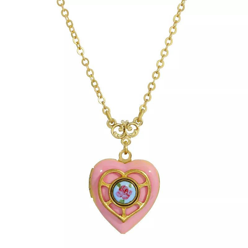1928 Gold Tone Enamel Floral Heart Locket Necklace, Womens, Pink Product Image