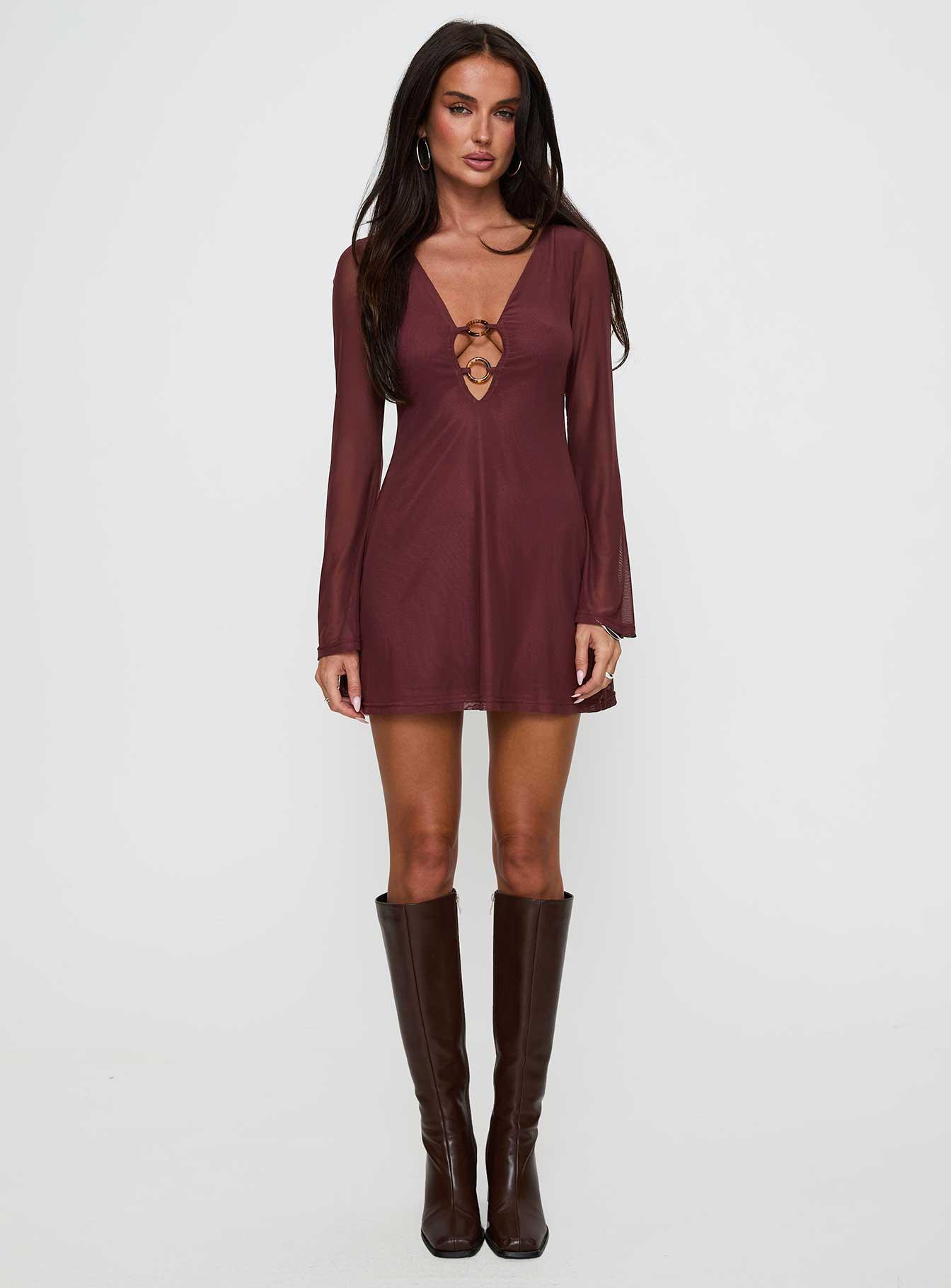 Artique Long Sleeve Mini Dress Brown Product Image
