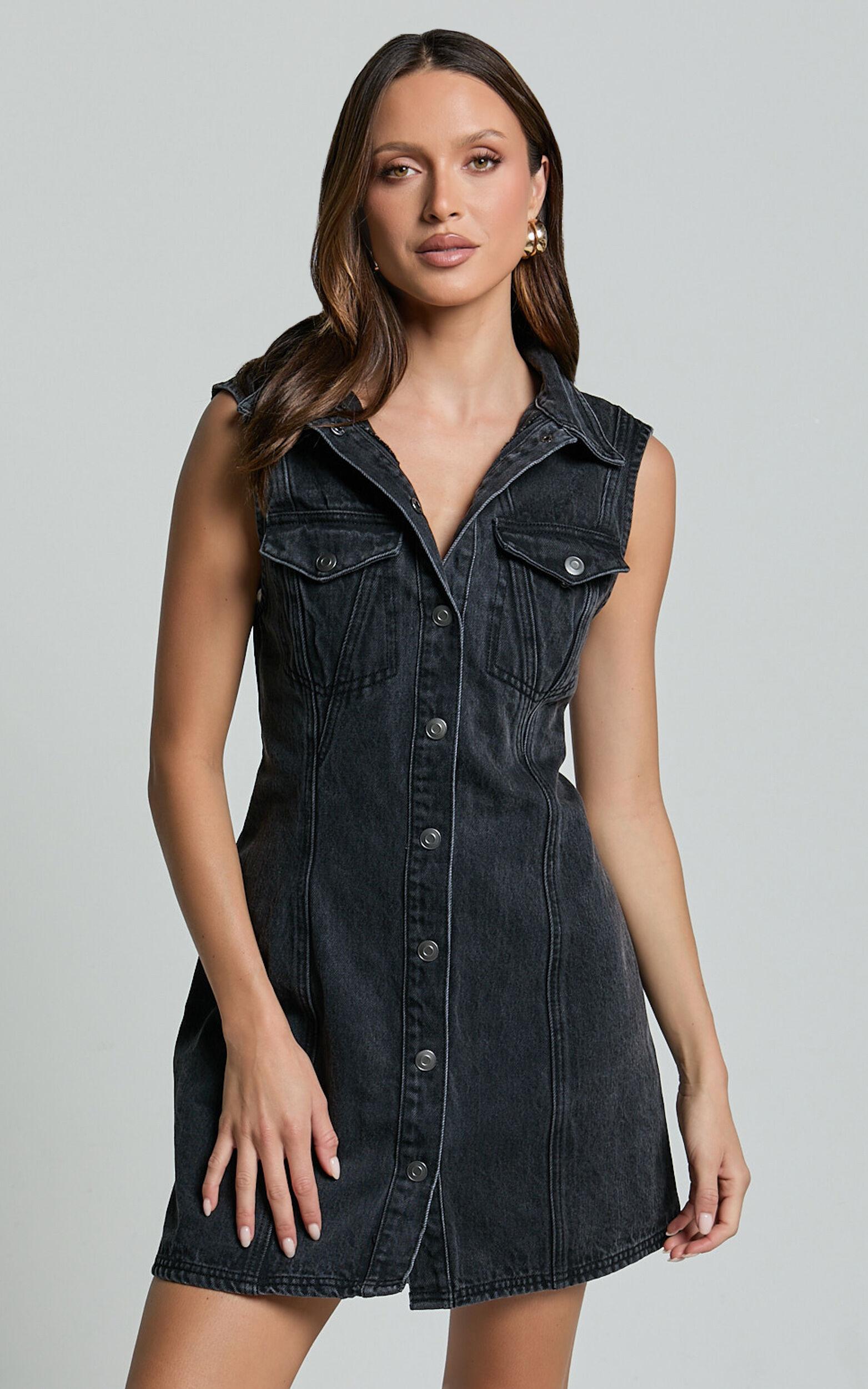 Gigie Mini Dress - Button Front Collared Denim in Washed Black Product Image