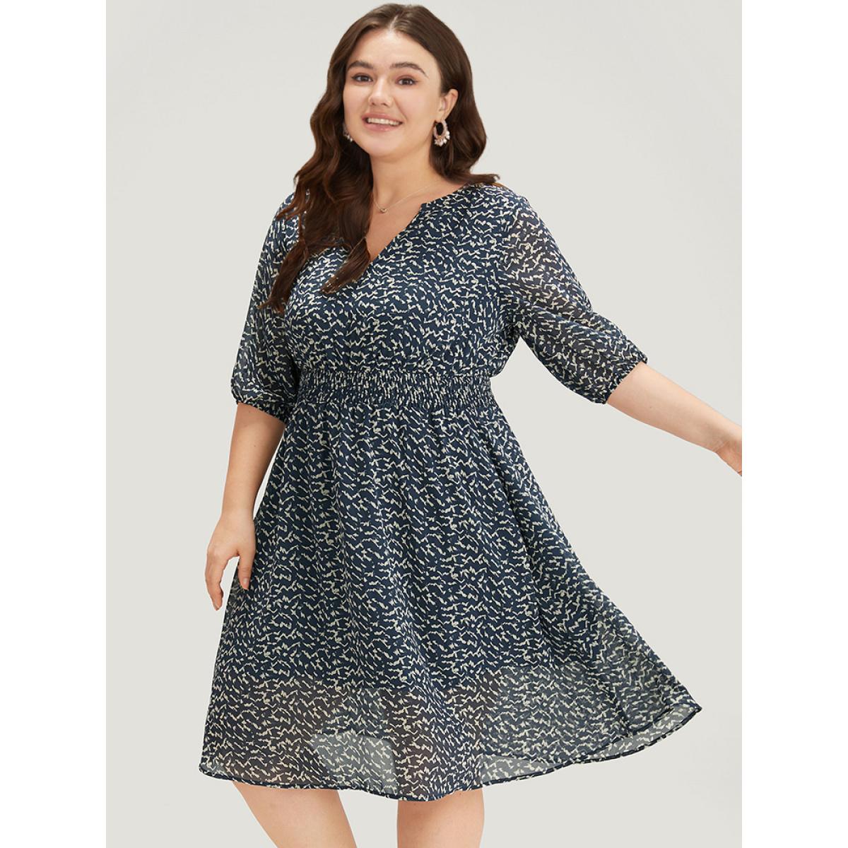 Plus Size Bird Print Notched Shirred Lantern Sleeve Dress Blue Women Office Elastic cuffs Notched collar Half Sleeve Curvy Midi Dress BloomChic 26/4X Product Image