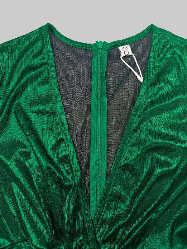 High Waisted Three-Quarter Sleeves Shiny Solid Color Deep V-Neck Jumpsuits Bottoms Product Image